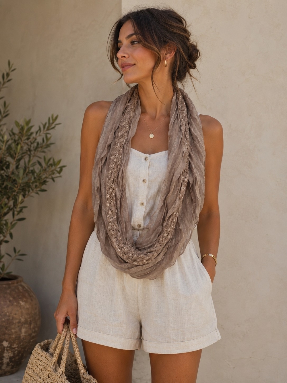 Light Taupe Layered Infinity Scarf - Women Accessories